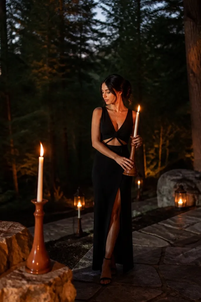 Burnt umber napkins with soft ivory plates and amber-toned candles