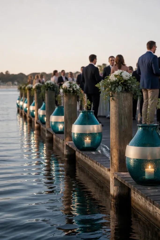 Deep teal dresses with champagne cream bouquets and ivory signage