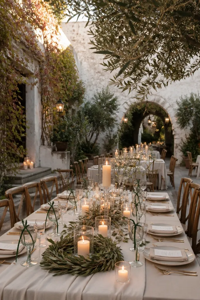 Olive green napkins with warm white plates and olive-leaf garlands
