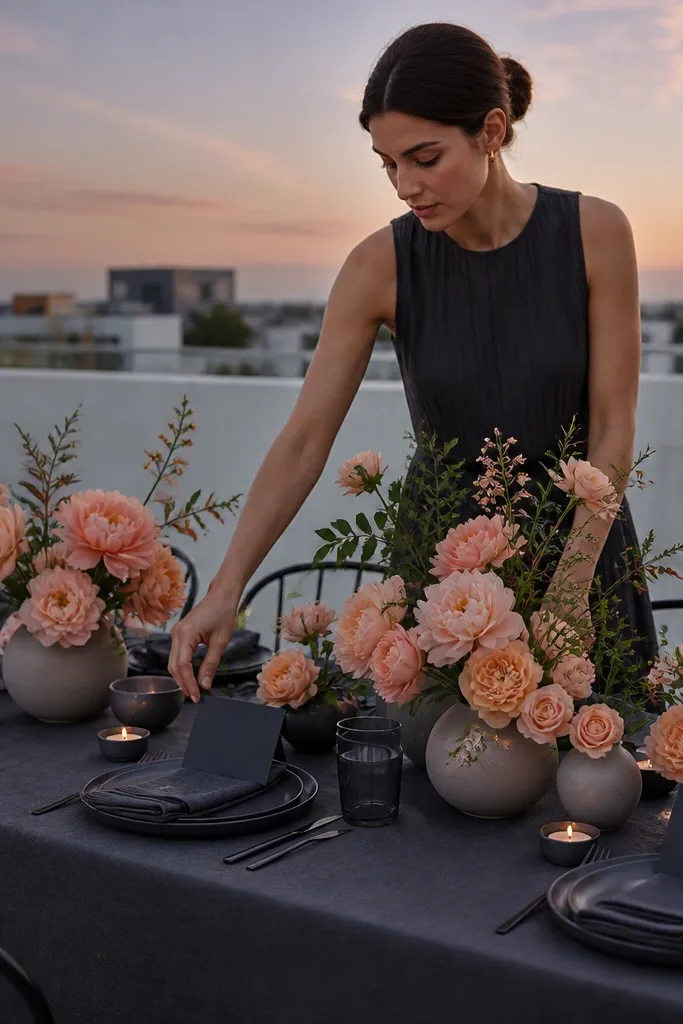 Apricot bridesmaid dresses with soft graphite suit jackets and peach florals