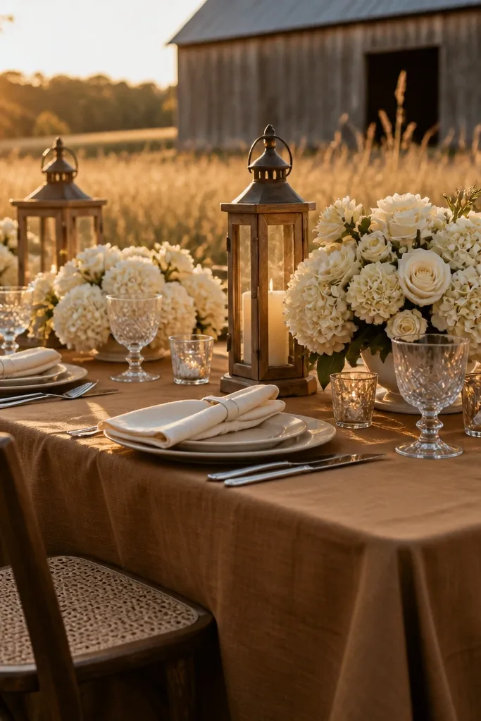 Caramel spice table decor with creamy vanilla florals and warm neutral linens