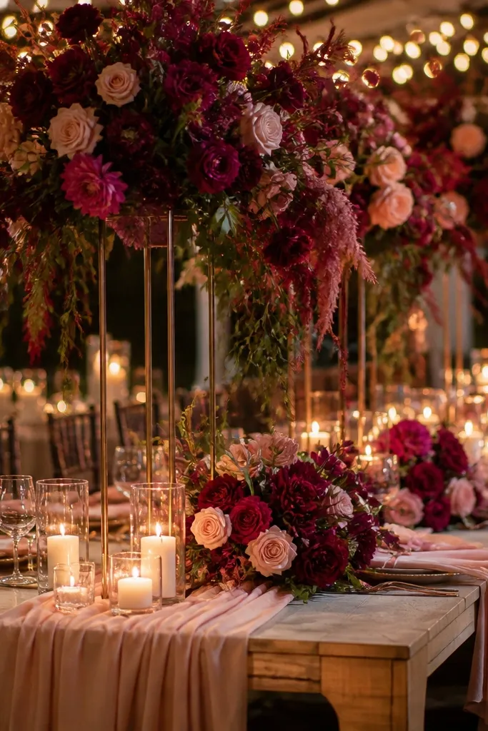Raspberry wine accents with rose quartz cream florals and ivory table linens