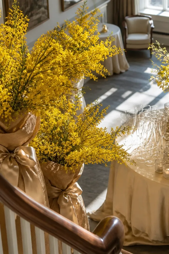 Goldenrod bouquet with creamy champagne table settings and warm gold candles