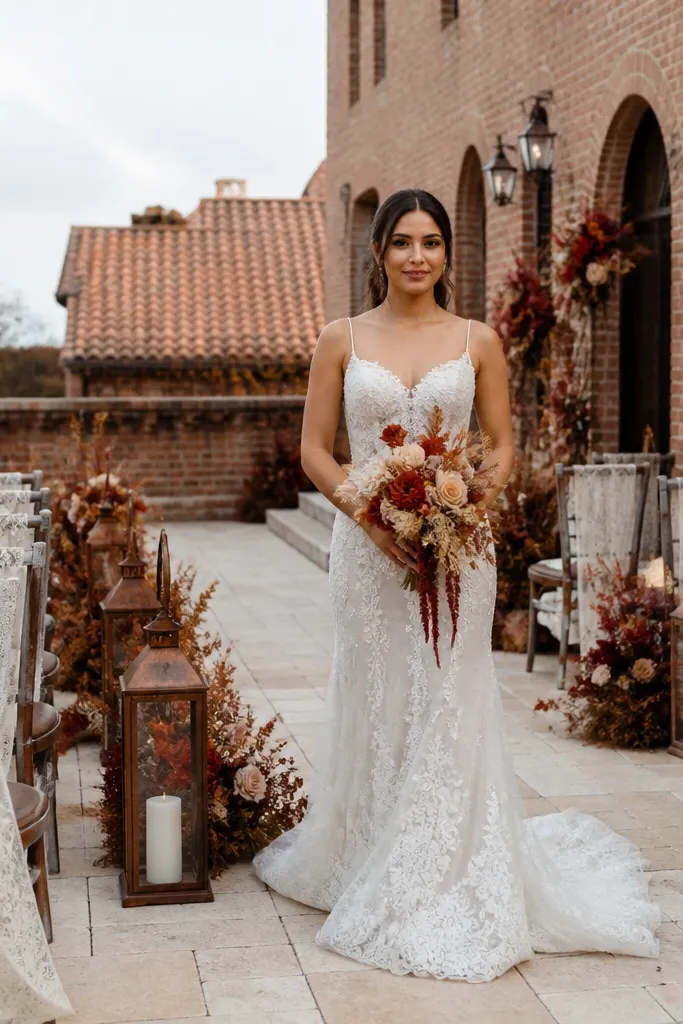 Brick rust dresses with soft ivory lace details and warm neutral bouquets