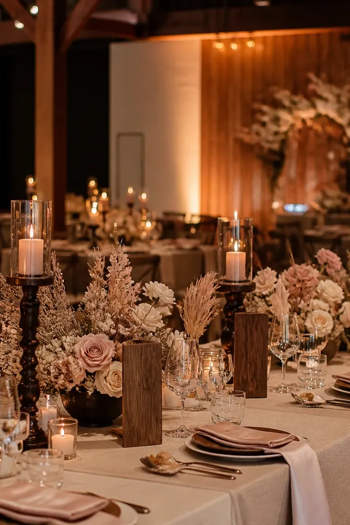 Champagne blush wedding bouquet with cocoa brown leather shoes and warm table decor