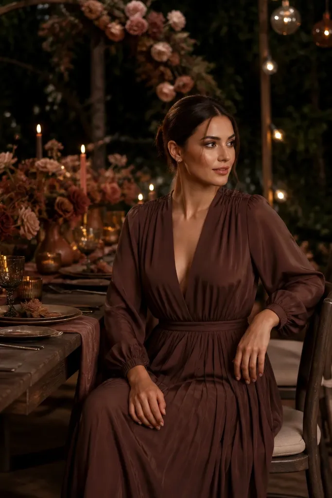 Rose clay bridesmaid dresses with burnished bronze table accents and warm florals