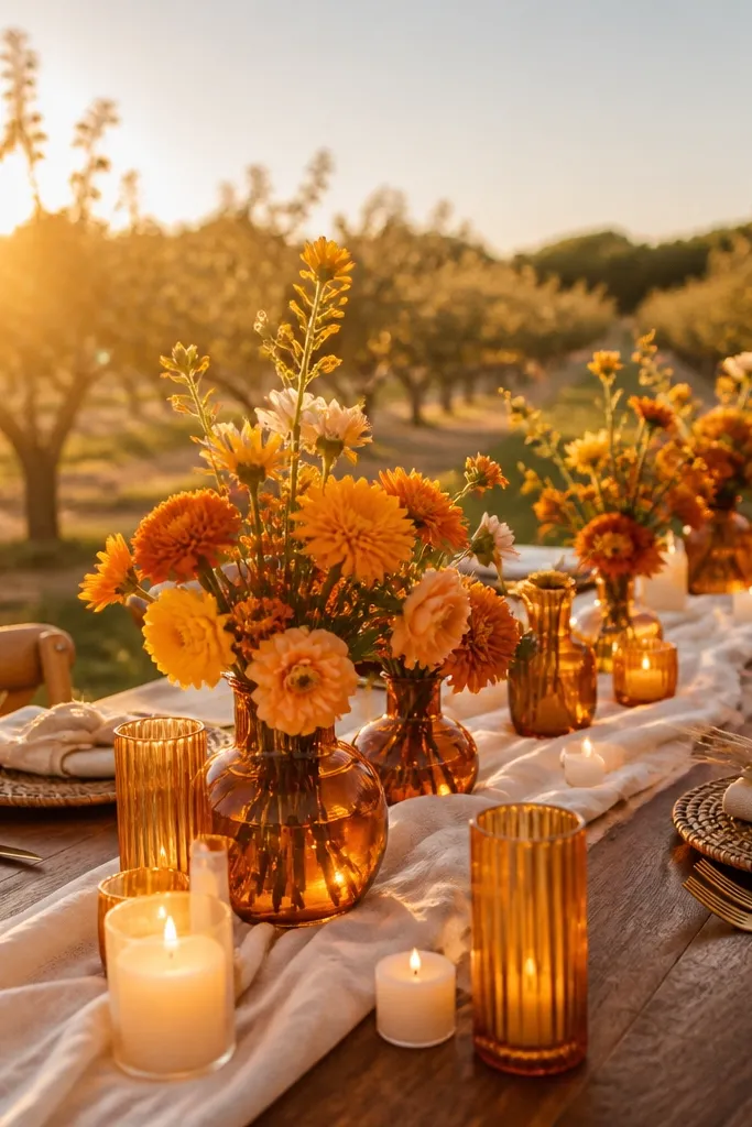 Amber honey floral centerpieces with ivory cream linens and warm candle glow