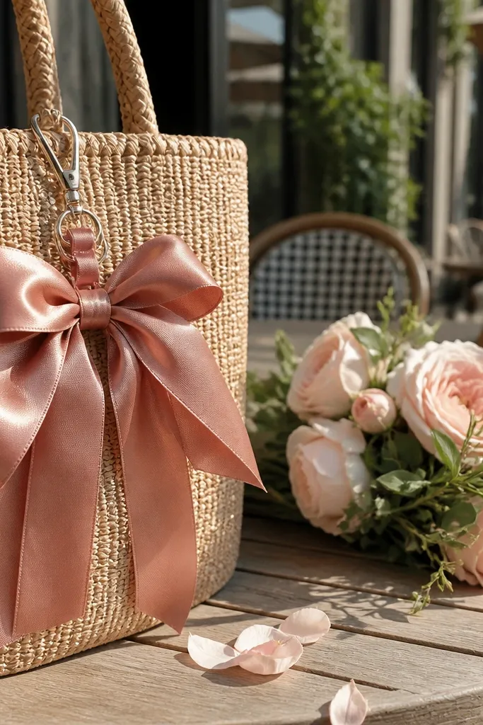 Small satin ribbon charm tied to a bag strap in a soft seasonal color