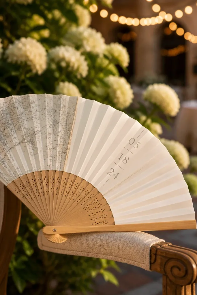 Folded paper fan with a simple map pattern inside and a custom name on the front