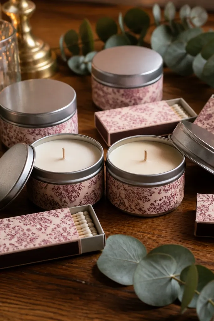 Small candle tin and a matchbox with a coordinated label in wedding colors