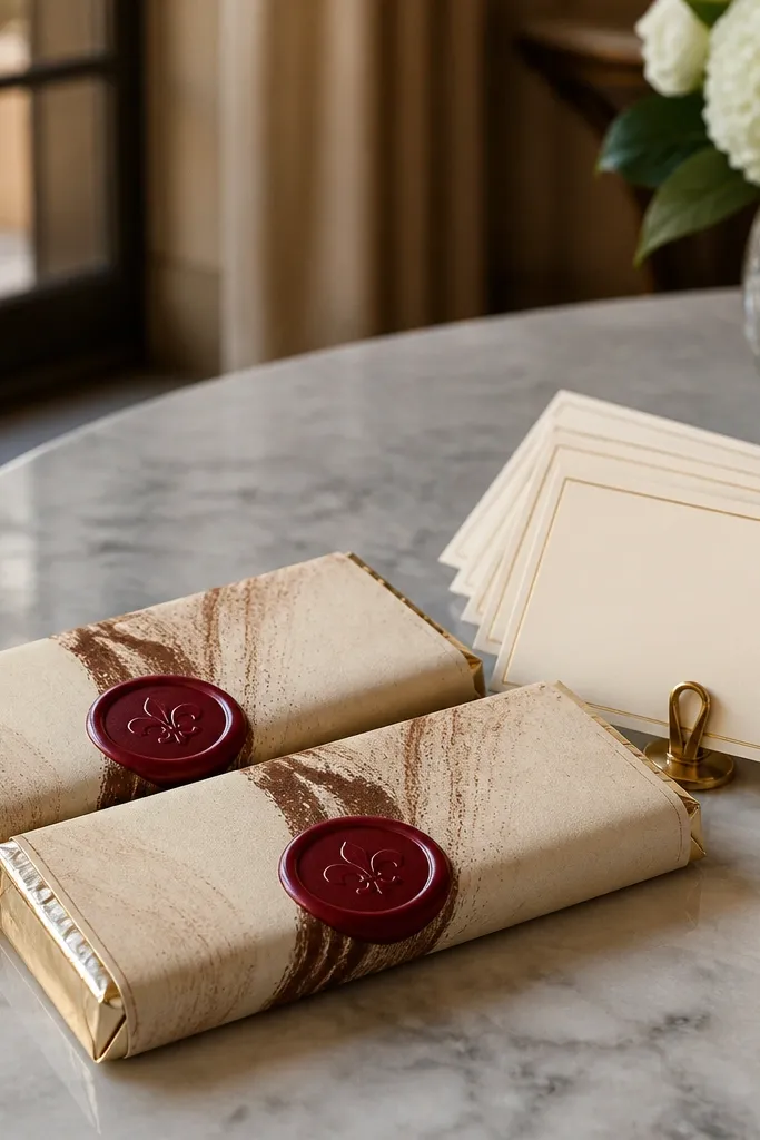 Mini chocolate bars wrapped with neat wax seal sticker labels