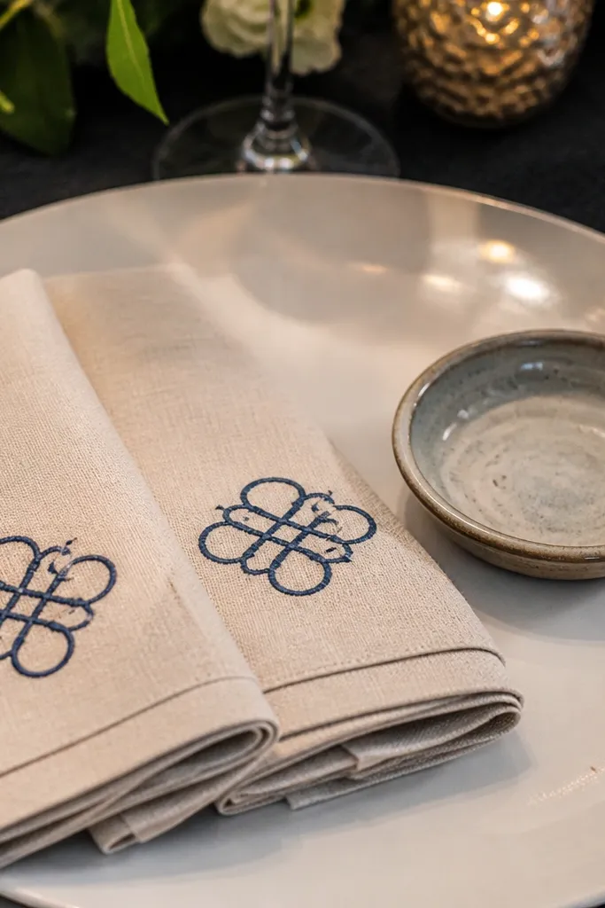 Two folded linen napkins with a small monogram in one corner