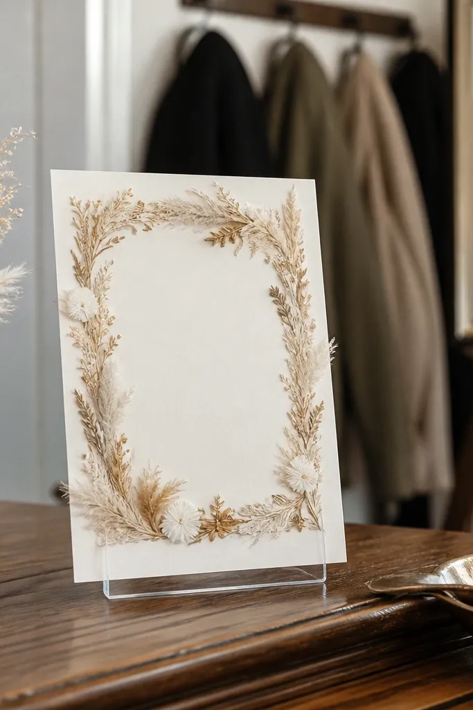White notecard with dried grass border and a small ribbon accent