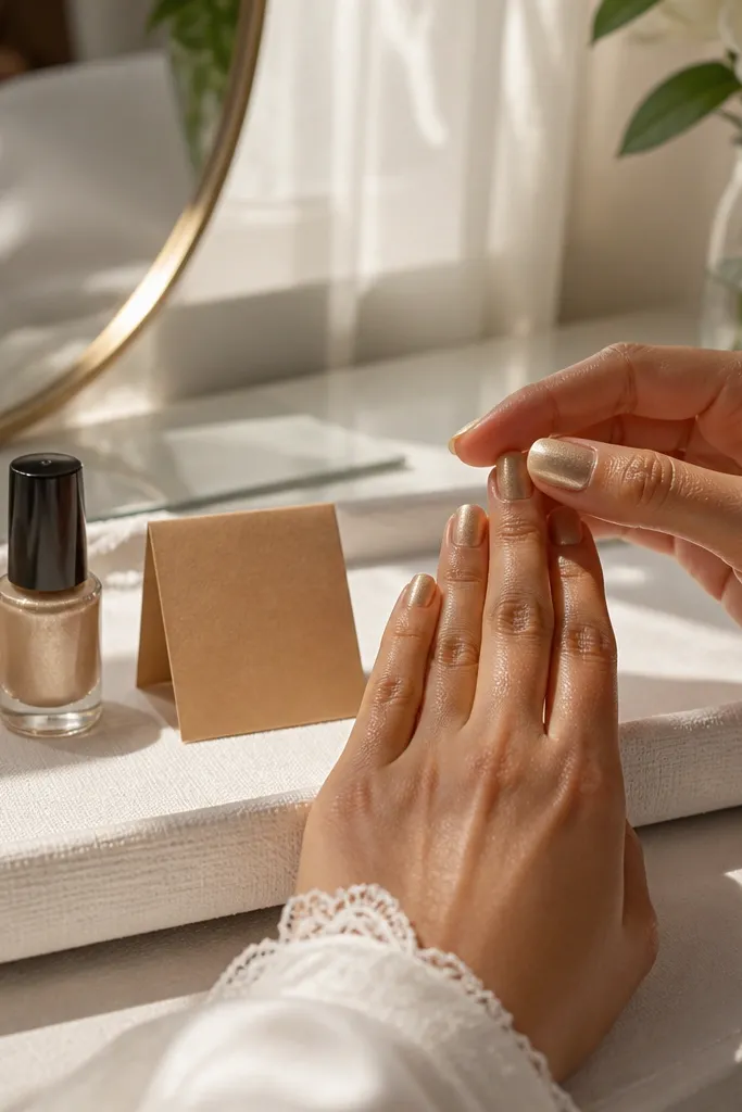 Small nail polish bottle in champagne shade with a simple label on a card