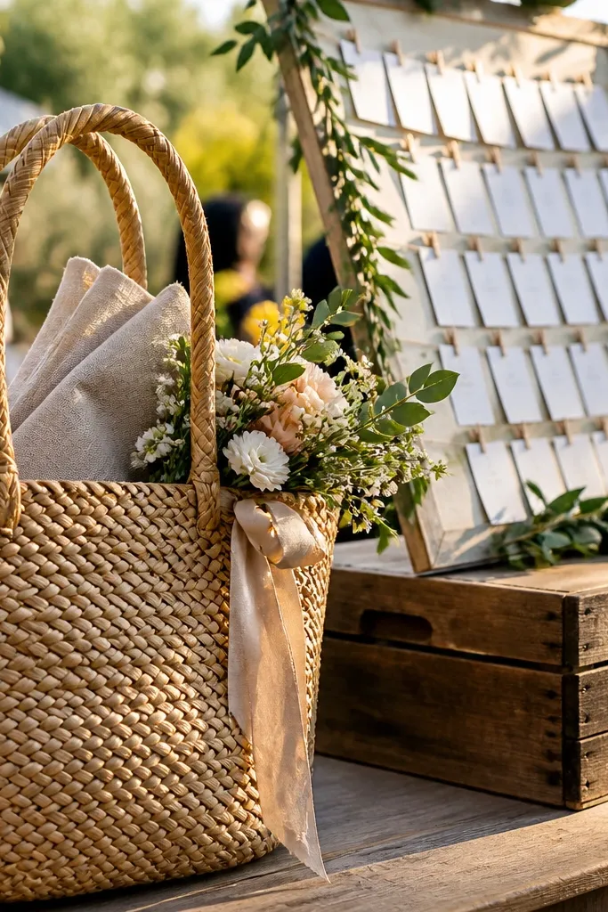 Small neutral straw tote with clean stitching and a fabric handle