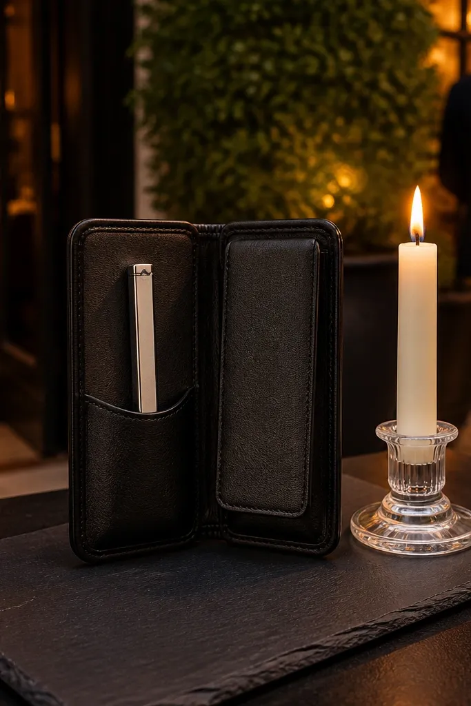 Small leather-look case holding a lighter with a neat strap