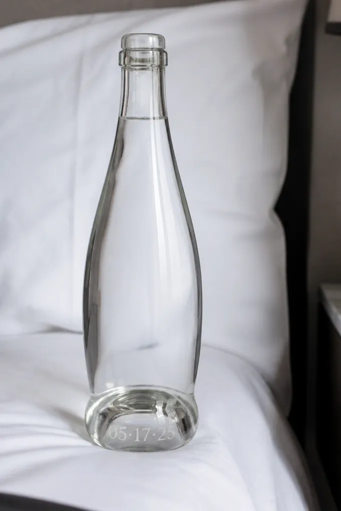 Clear glass bottle with a small etched date on the base