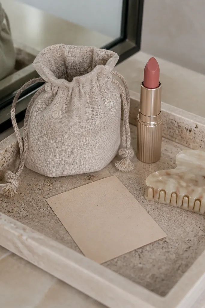 Small beige linen pouch with drawstring tied and a neat label