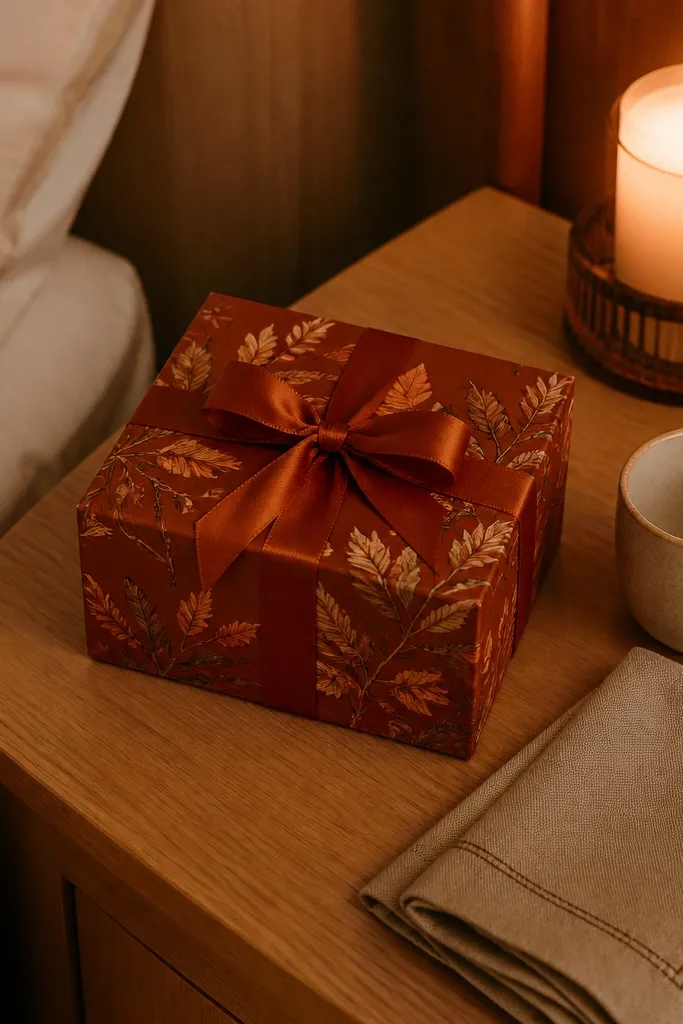 Small tea box wrapped with a ribbon in a season-matching color