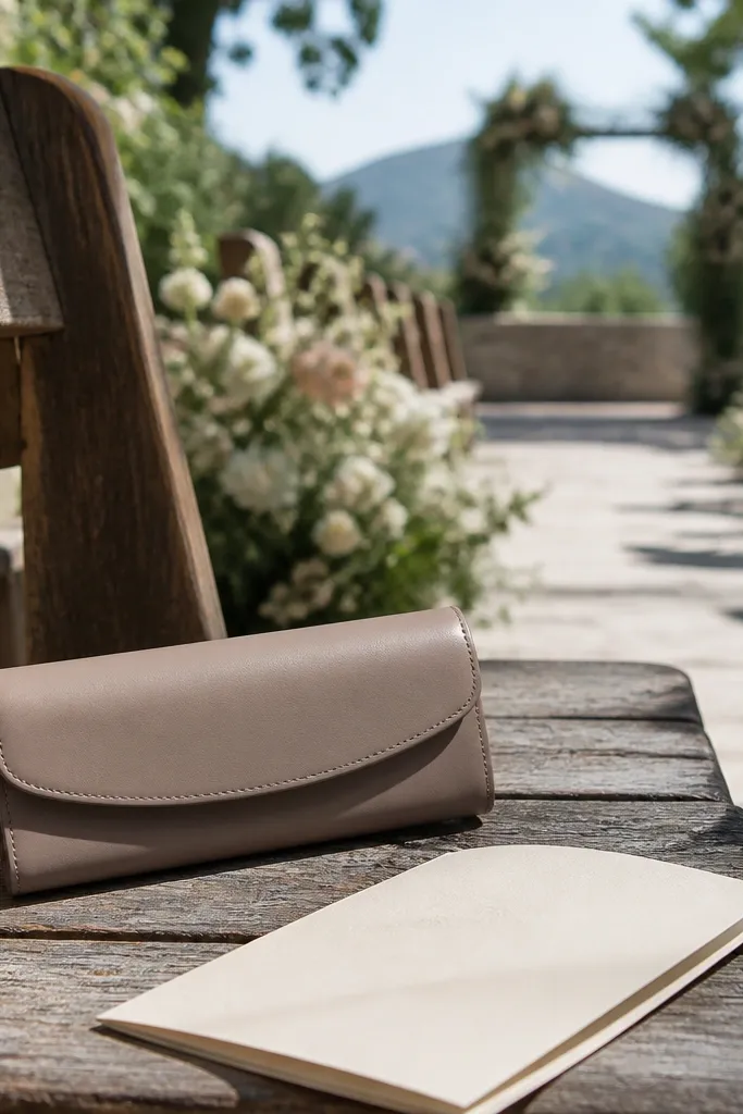 Soft neutral sunglasses case with a simple clasp and label tag