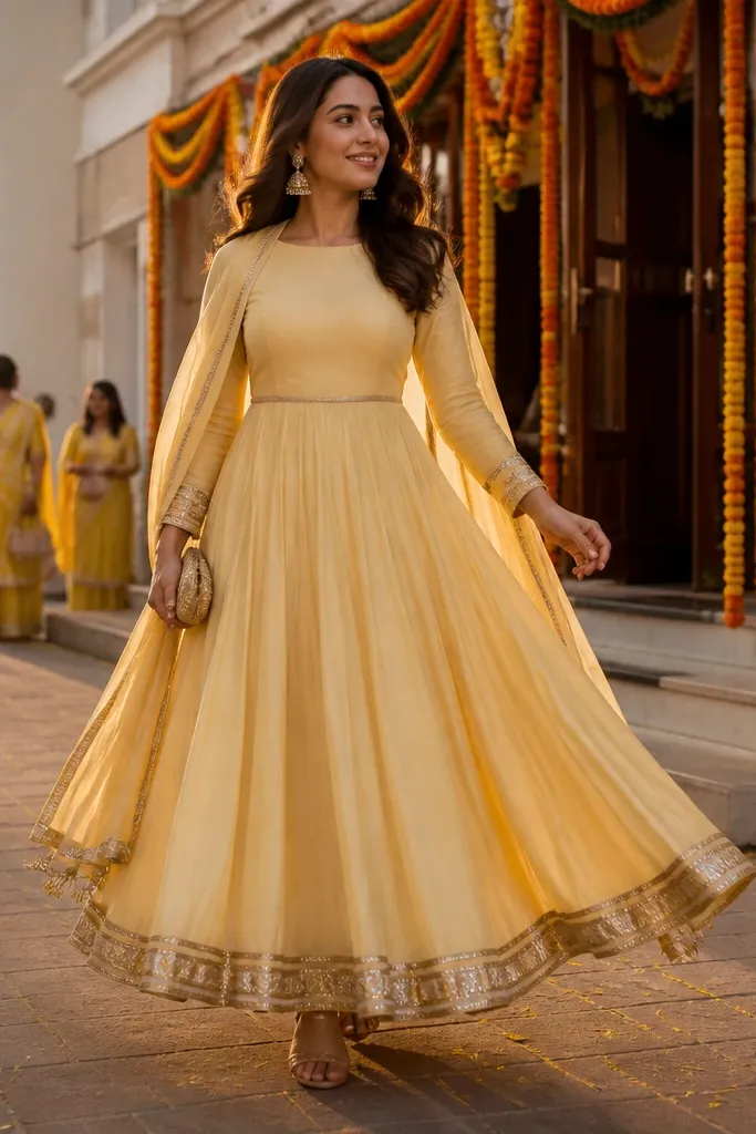 Pale mango anarkali with a gota border hem and short embroidered sleeves
