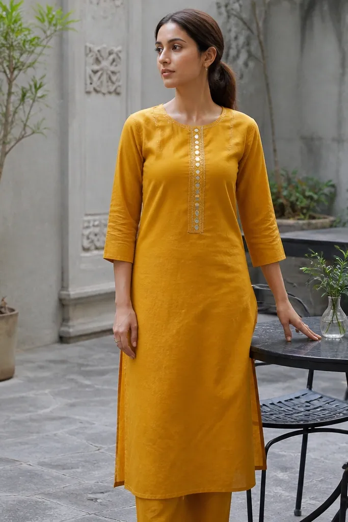 Marigold straight kurta with tiny mirror dots on the front placket