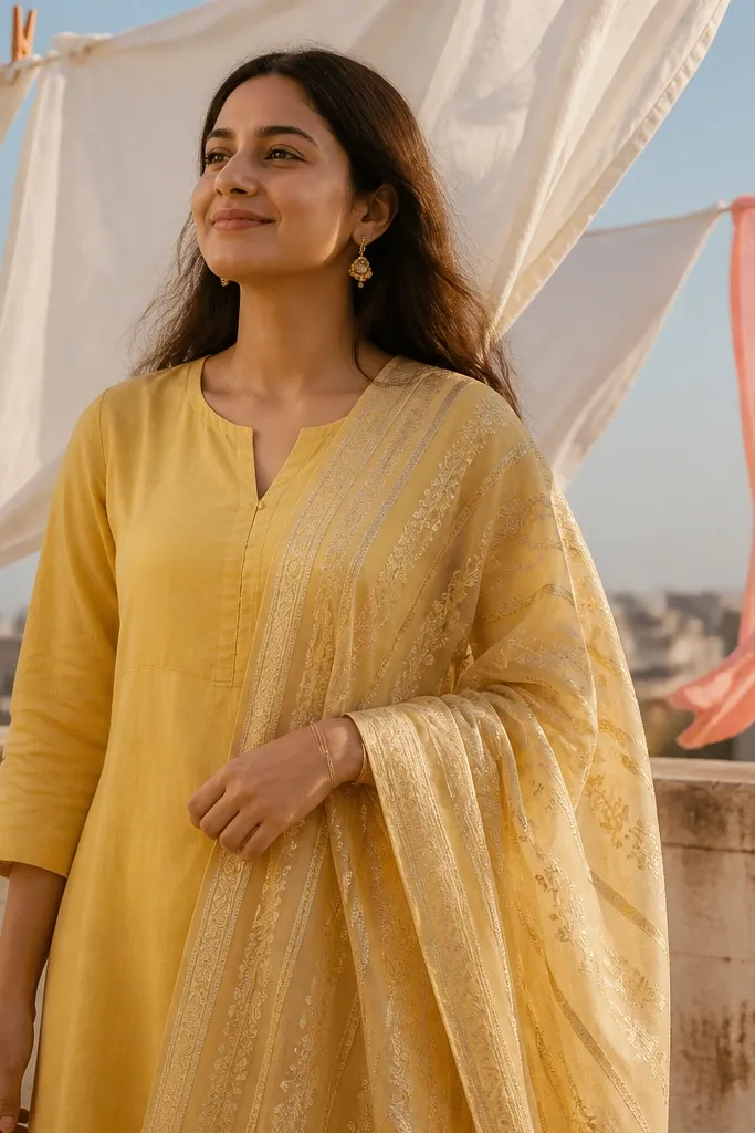 Solid yellow cotton kurta with a Banarasi-style dupatta in gold and yellow