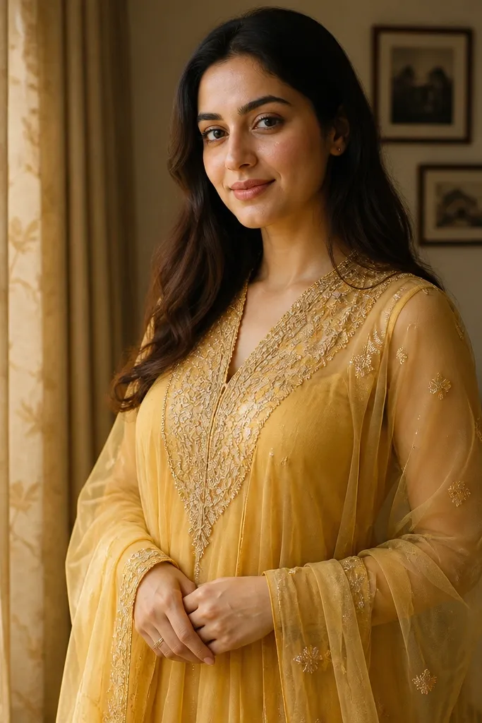 Yellow gown with sheer sleeves and a detailed embroidered neckline