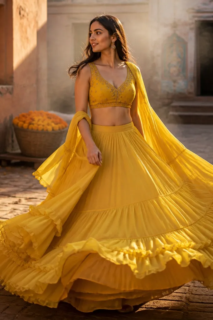 Yellow lehenga with a ruffled skirt and minimal embroidery on the blouse