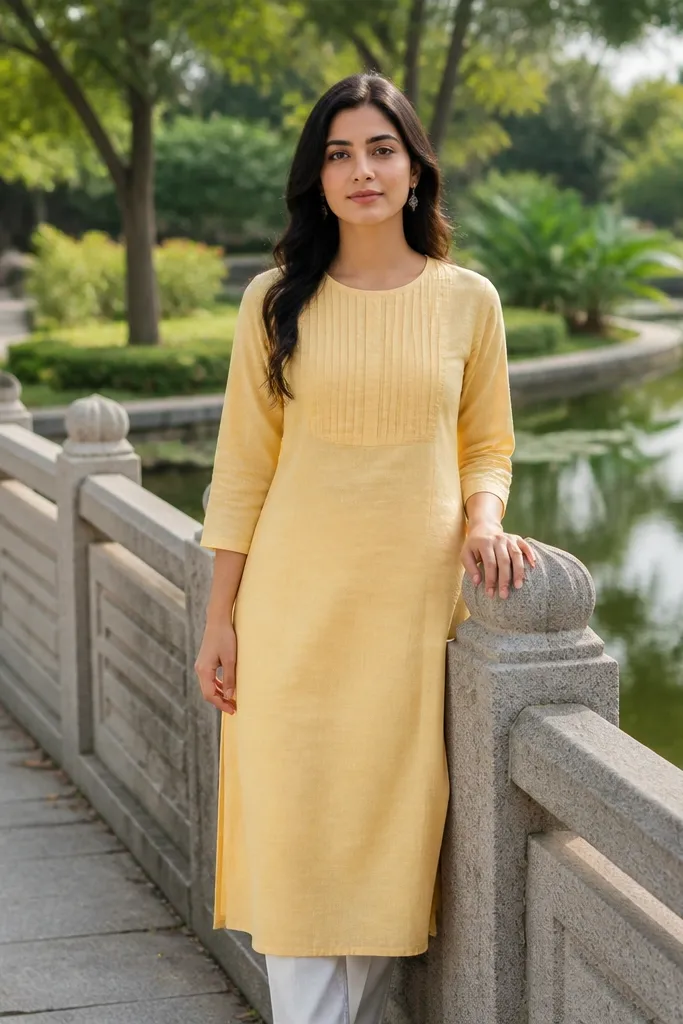 Butter yellow straight kurta with a pleated yoke panel and simple cuffs
