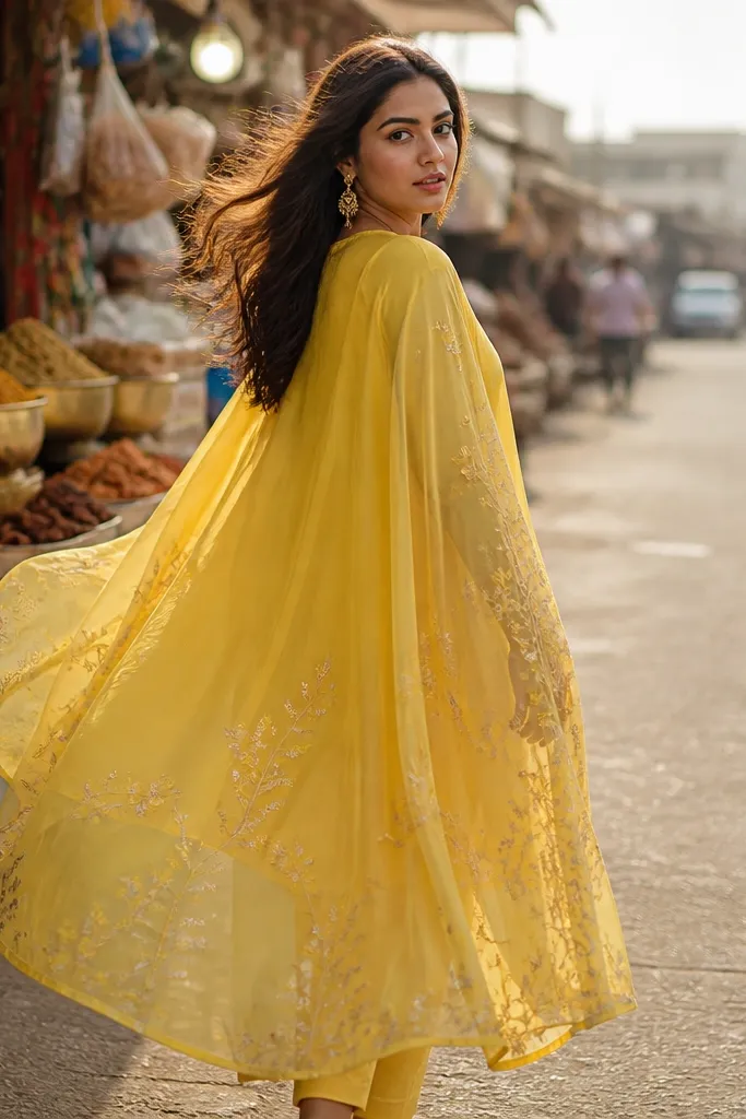 Yellow cape kurti layered with printed organza and matching sleeves