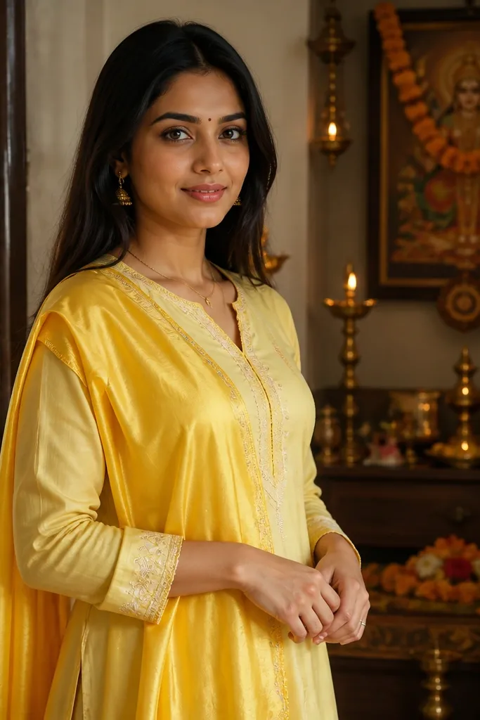 Cotton yellow kurta with a satin yellow dupatta that drapes over the shoulder