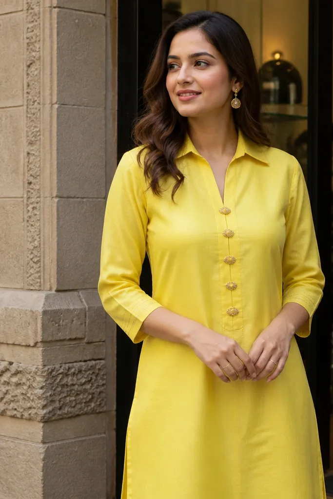 Lemon yellow shirt-style kurta with gota buttons and a small collar