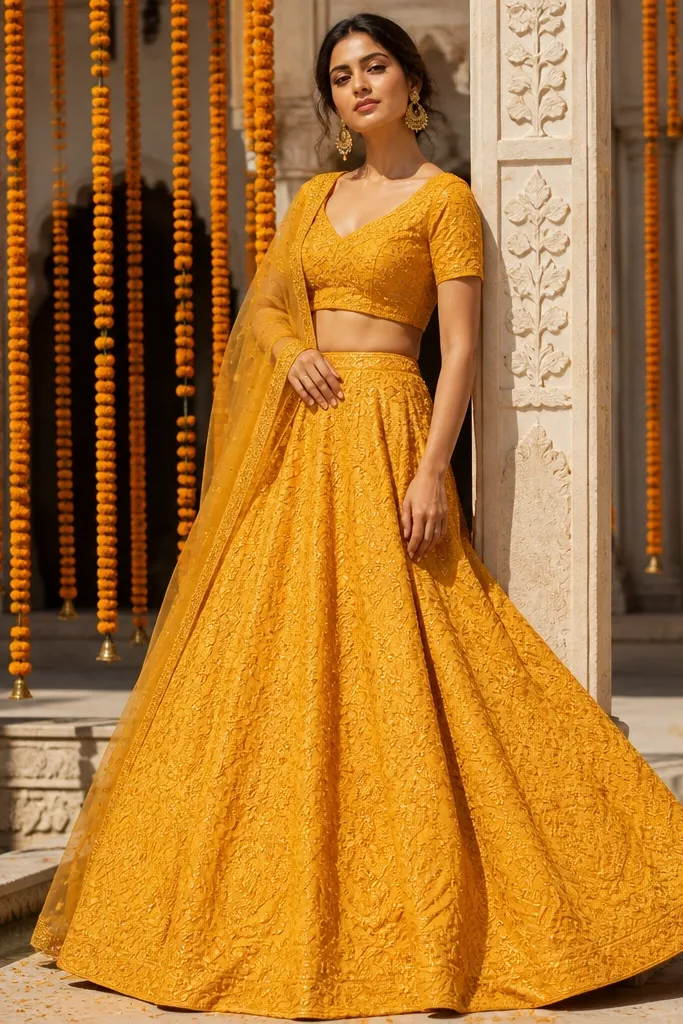 Marigold lehenga choli with tonal threadwork on the blouse and sleeves