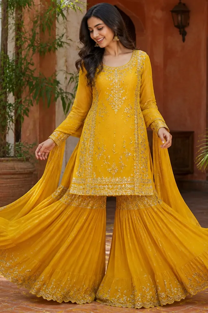 Yellow gharara set with embroidered side panels and a fitted kurti