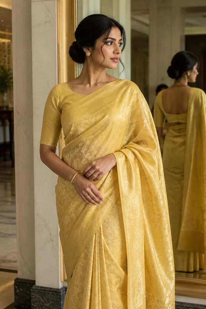 Soft gold yellow saree with subtle jacquard texture and a plain blouse