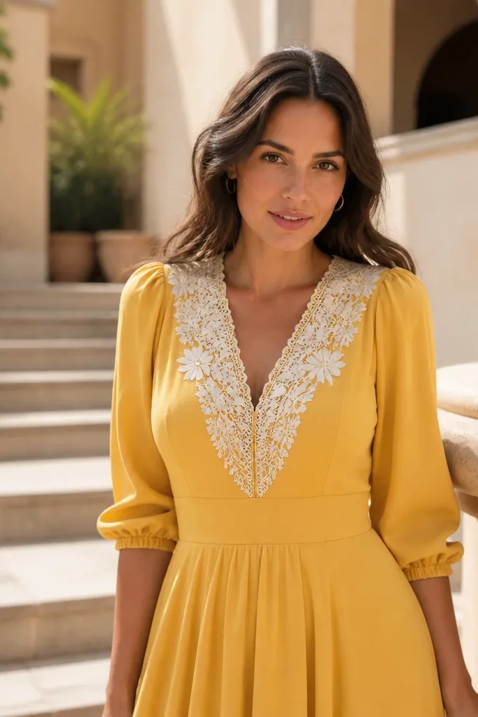 Bright yellow skirt dress with an embroidered collar and short sleeves