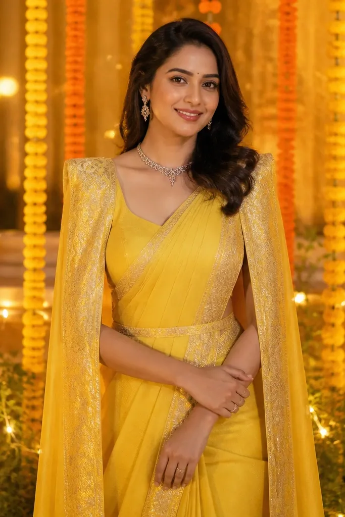 Yellow cape saree with brocade border and a structured shoulder drape