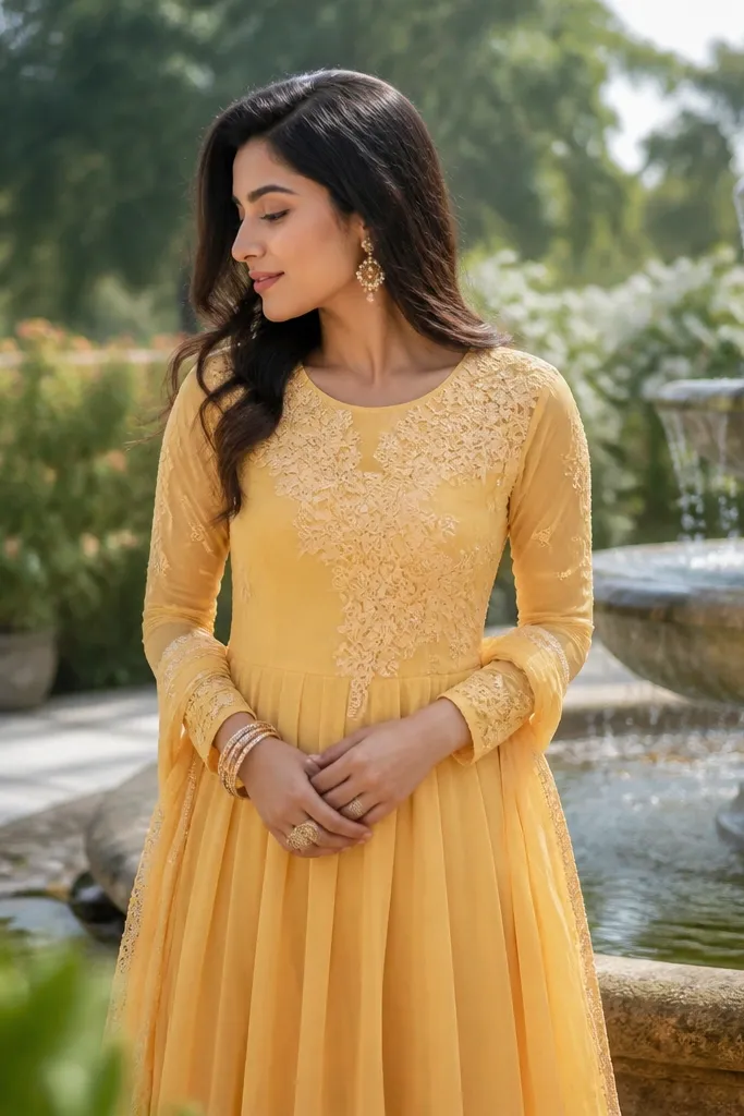 Yellow anarkali with dainty lace appliqué along the bodice and sleeves