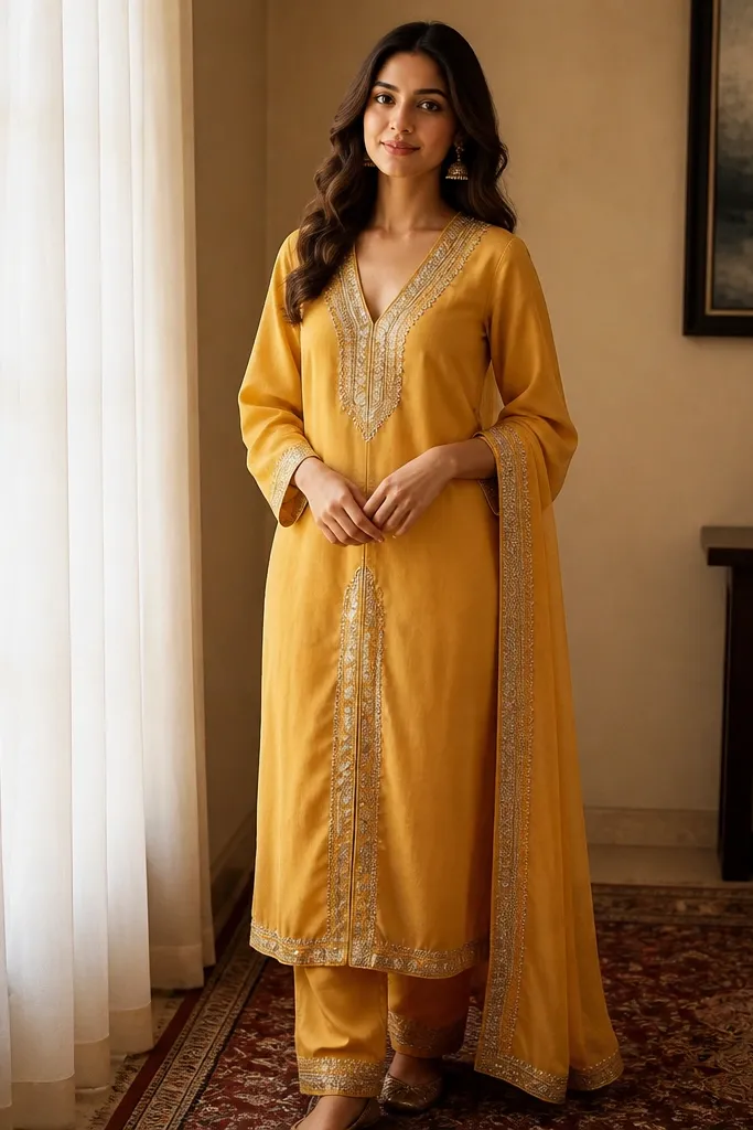 Saffron yellow suit with front slit and a gota V-detail on the kurti