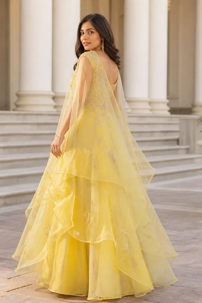 Yellow lehenga with organza overlay panels on the skirt and matching blouse