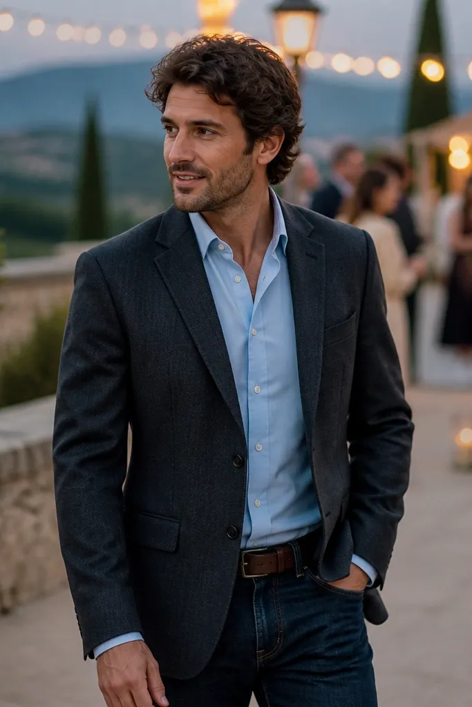 Charcoal blazer with light blue Oxford shirt and dark jeans