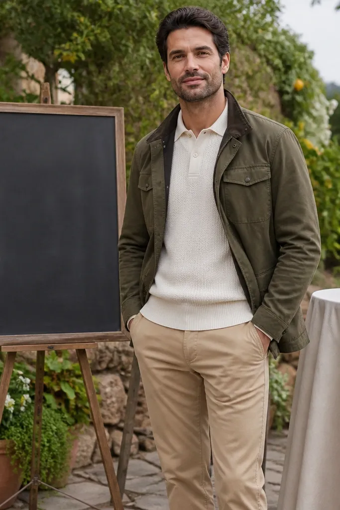 Olive field jacket over cream knit polo with tan chinos