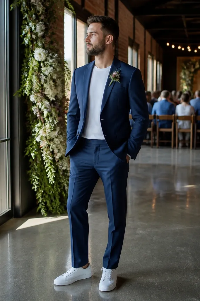 Steel-blue suit with white crew-neck tee and white leather sneakers