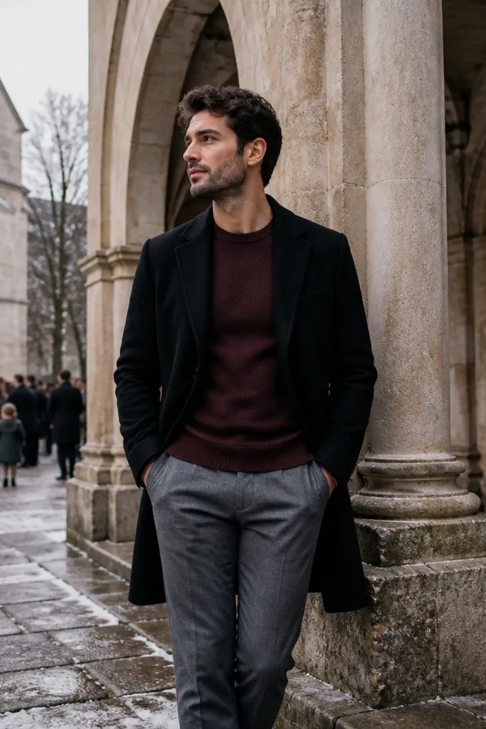 Black wool overcoat with burgundy sweater and slim gray trousers