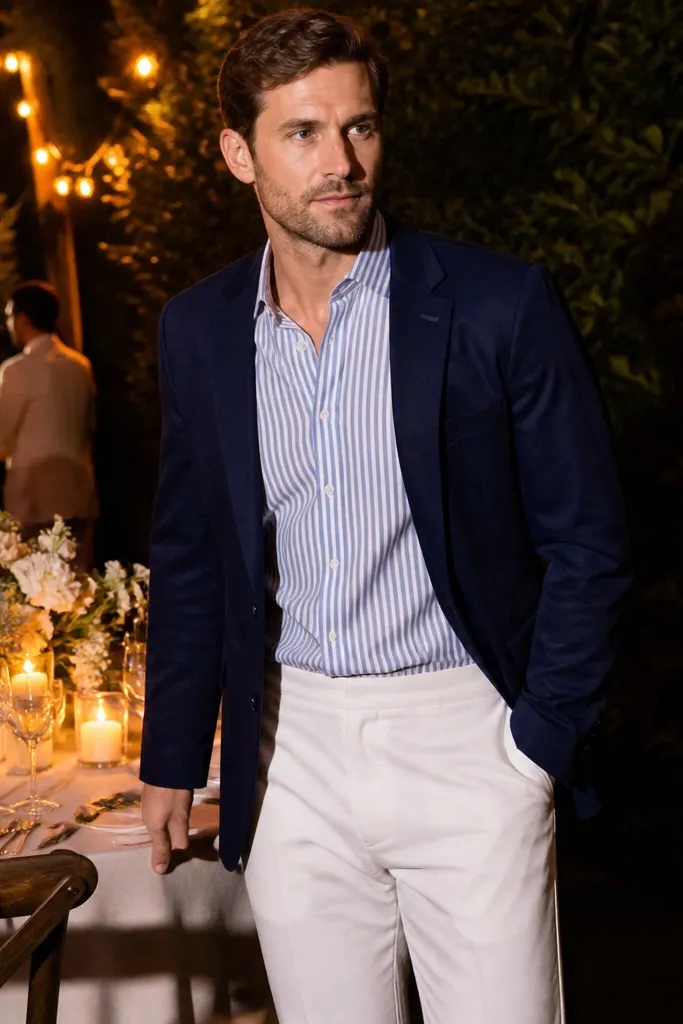 Navy blazer with striped short-sleeve shirt and white trousers