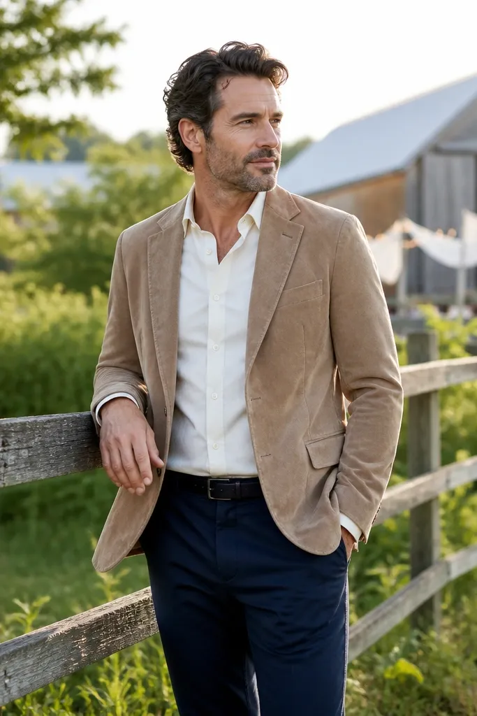 Sand suede jacket with ecru shirt and navy chinos