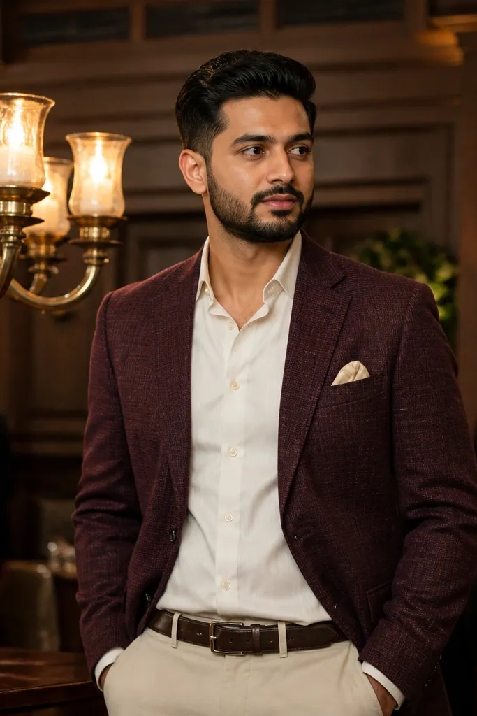 Burgundy textured blazer with cream dress shirt and dark brown belt