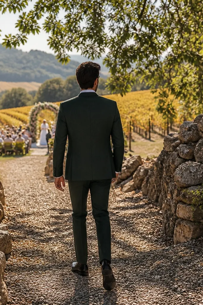 Forest green suit with white shirt and black leather derbies
