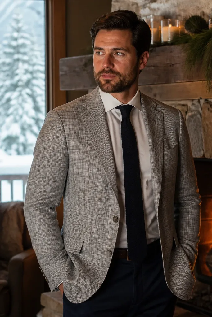Light gray flannel blazer with navy knit tie and white shirt